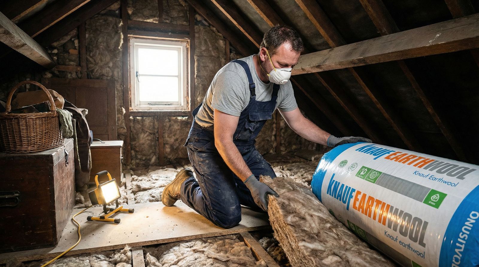 Installer laying Knauf Earthwool mineral wool loft insulation